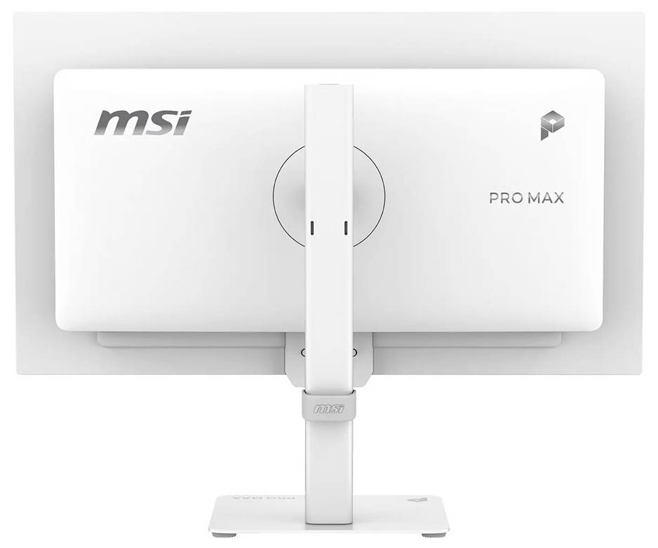 Vue arrière d'un moniteur MSI Pro Max sur son socle, affichant le logo et le nom du modèle sur un panneau arrière blanc.