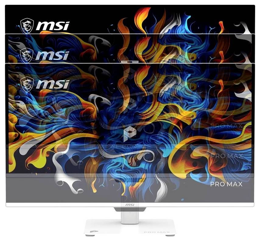 Moniteur de bureau MSI Pro Max avec un graphique abstrait coloré de flammes et de fumée sur l'écran et le logo MSI dans le coin.