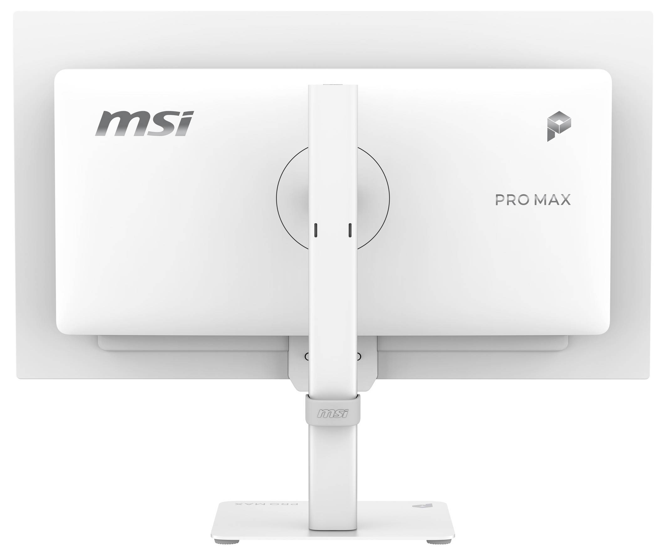 Vue arrière d'un moniteur MSI Pro Max sur un support blanc, montrant le support centré et le logo sur le panneau arrière.