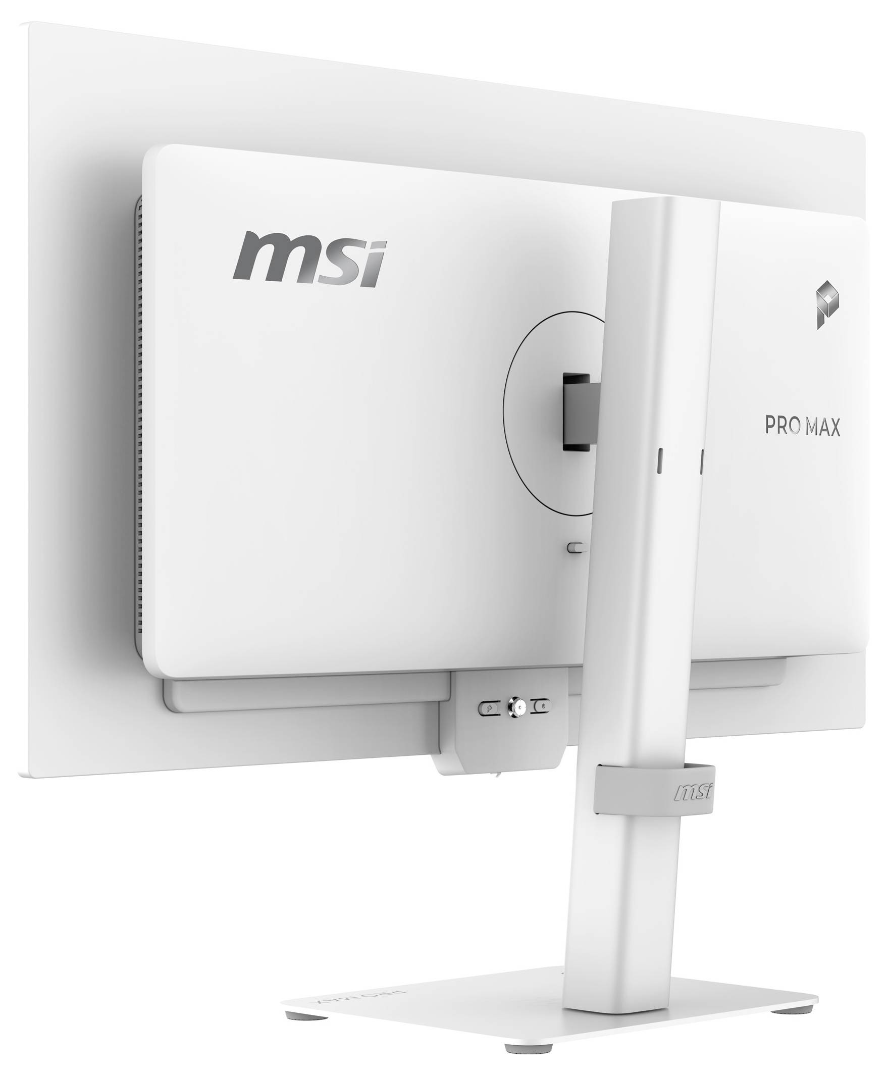 Vue arrière d'un moniteur MSI Pro Max monté sur un support blanc, montrant la charnière réglable et la base.