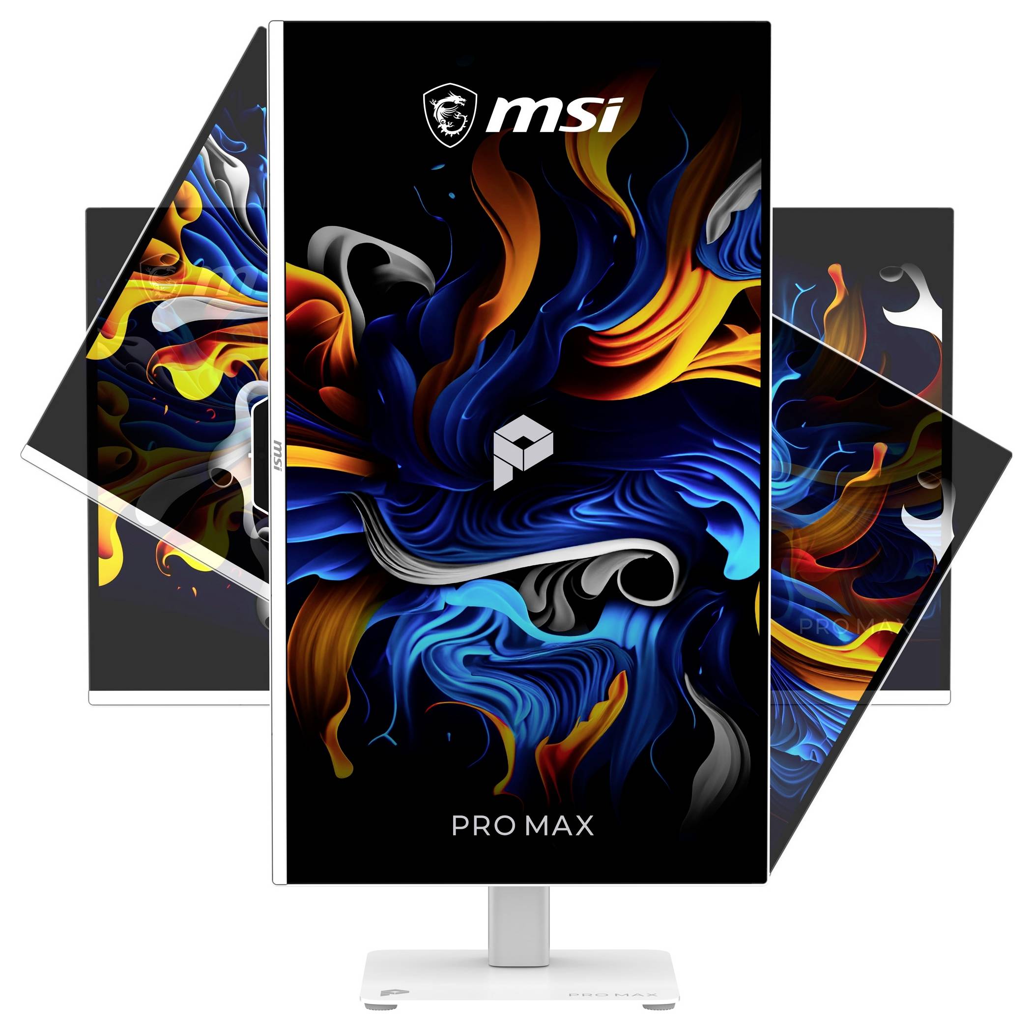 Moniteur MSI Pro Max montré au premier plan et au centre avec un art d'écran abstrait coloré vivant, flanqué de vues latérales inclinées de l'affichage.