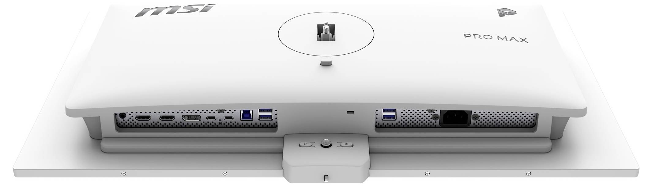 Vue de dessus du dispositif MSI PRO MAX, montrant une unité rectangulaire blanche avec un port centré et des ouvertures de ventilation avant.