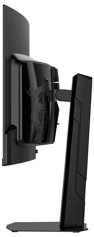 Un moniteur d'ordinateur incurvé noir monté sur un support réglable élégant, présenté en vue latérale sur un fond blanc.