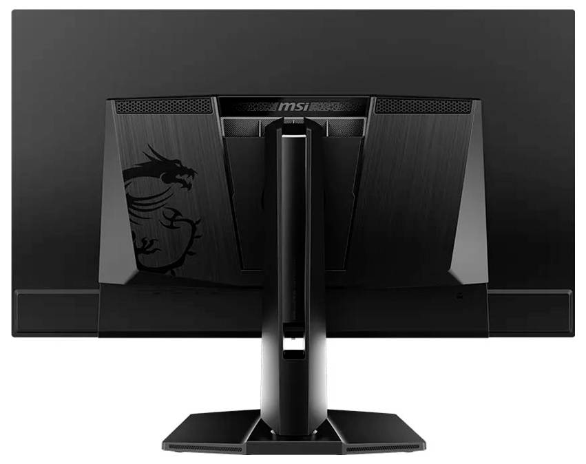 Vue arrière d'un moniteur MSI avec un support central, montrant un panneau texturé foncé et un logo dragon sur le côté gauche.