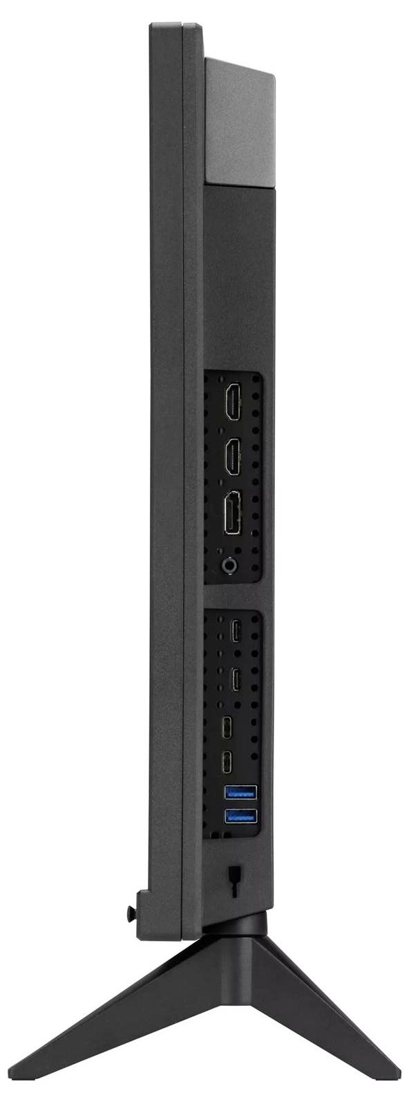 Vue latérale d'un mini PC noir élancé sur un support en forme de V, montrant les ports avant incluant USB-C, USB-A et prise audio.
