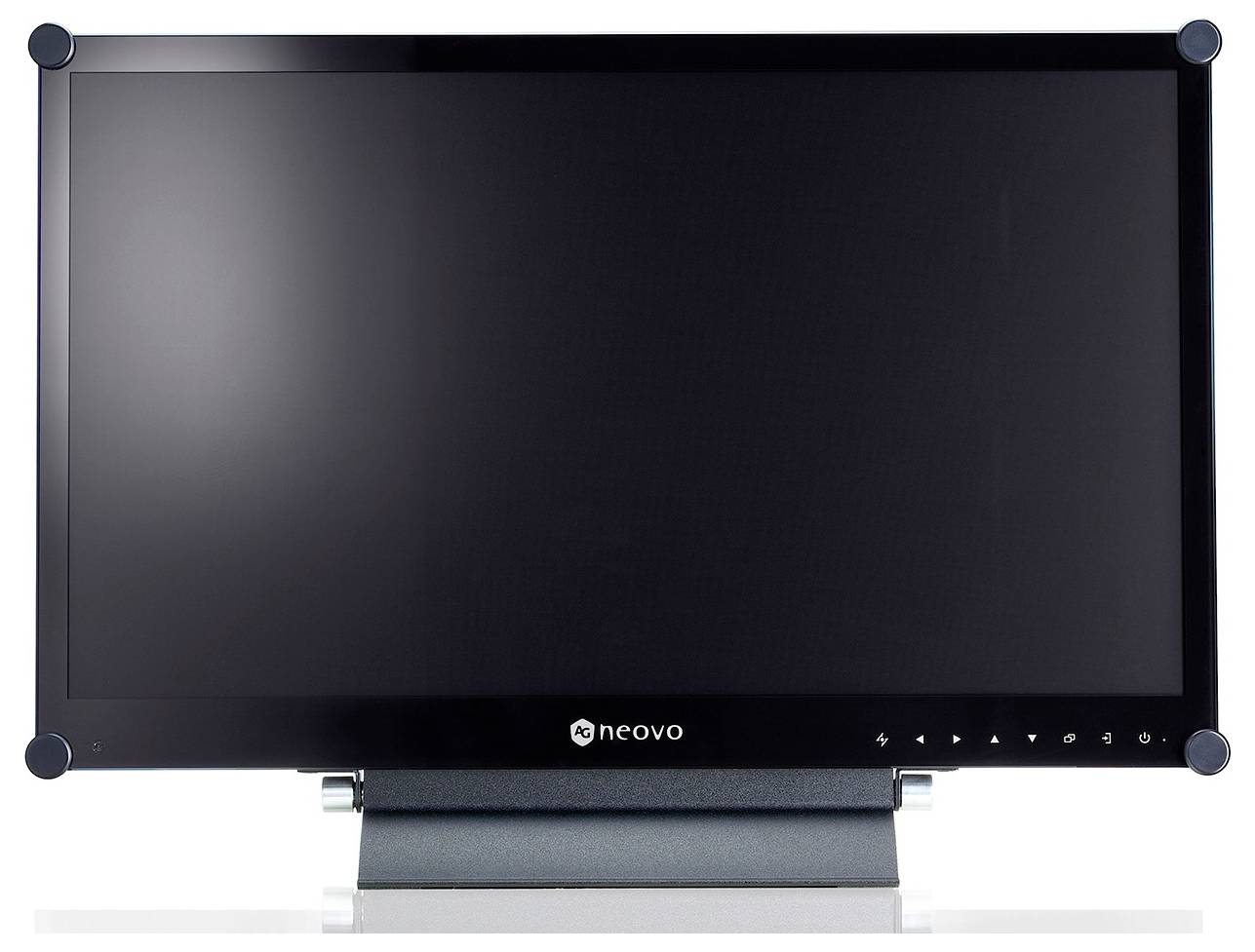 Moniteur d'affichage à écran plat Neovo noir sur un support, montré en vue de face avec l'écran éteint et les boutons de contrôle le long de la lunette inférieure droite.