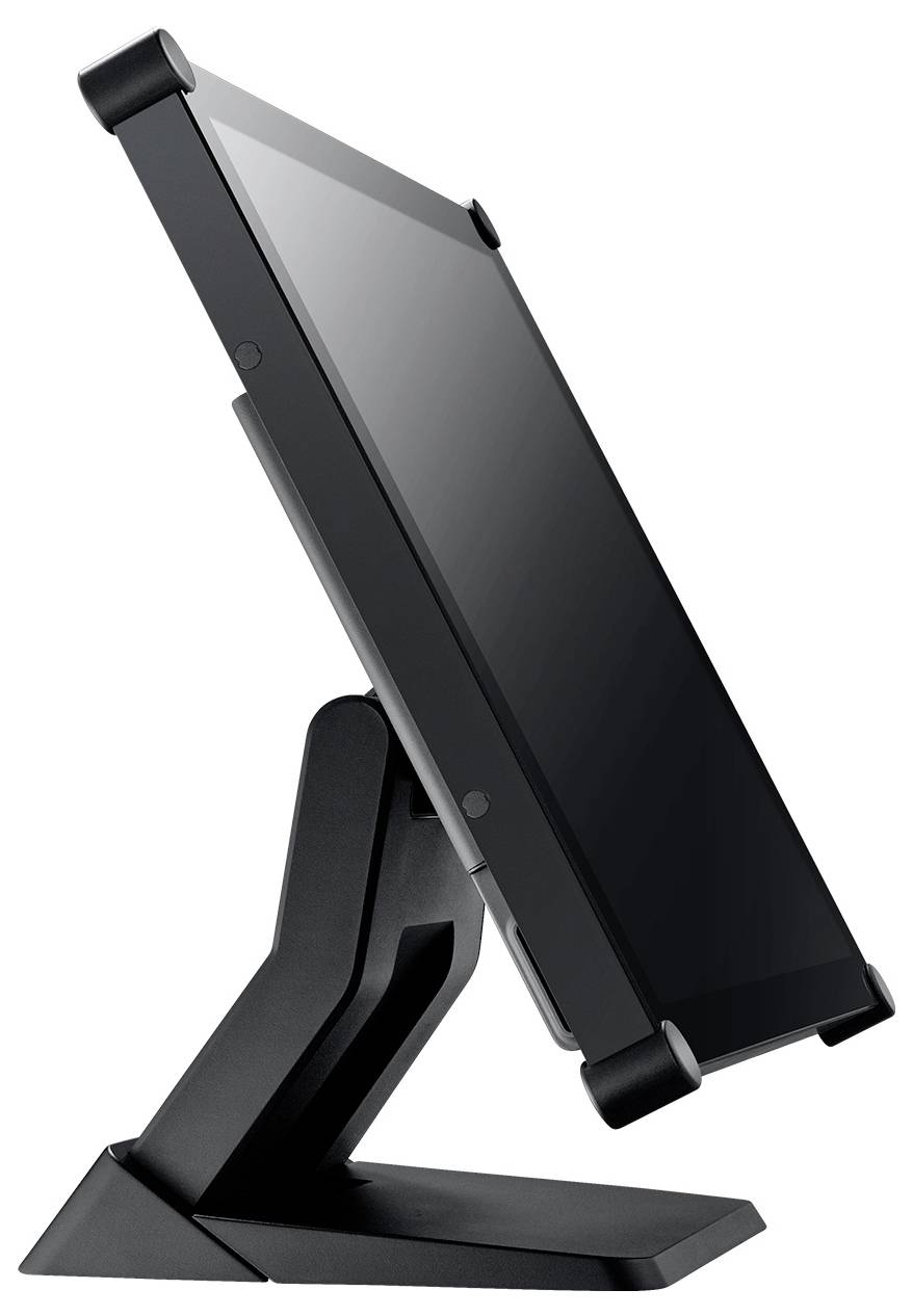 Support de tablette noir réglable tenant une tablette à un angle sur un fond blanc.