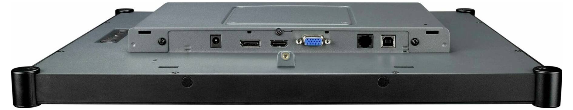 Vue arrière d'un appareil électronique plat avec des ports et des connecteurs, y compris HDMI, USB, un connecteur de style VGA bleu, des prises audio et une entrée d'alimentation.