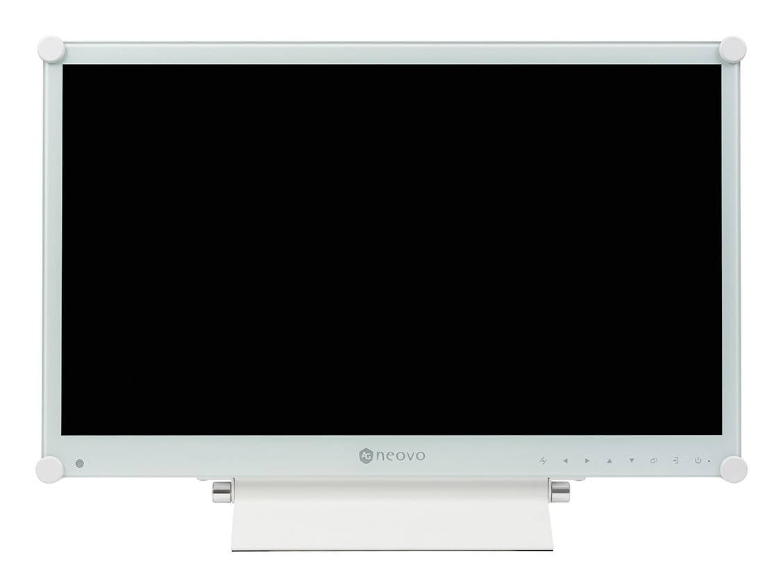 Un moniteur à écran plat Neovo blanc avec un écran noir vierge sur un support, montré de face.