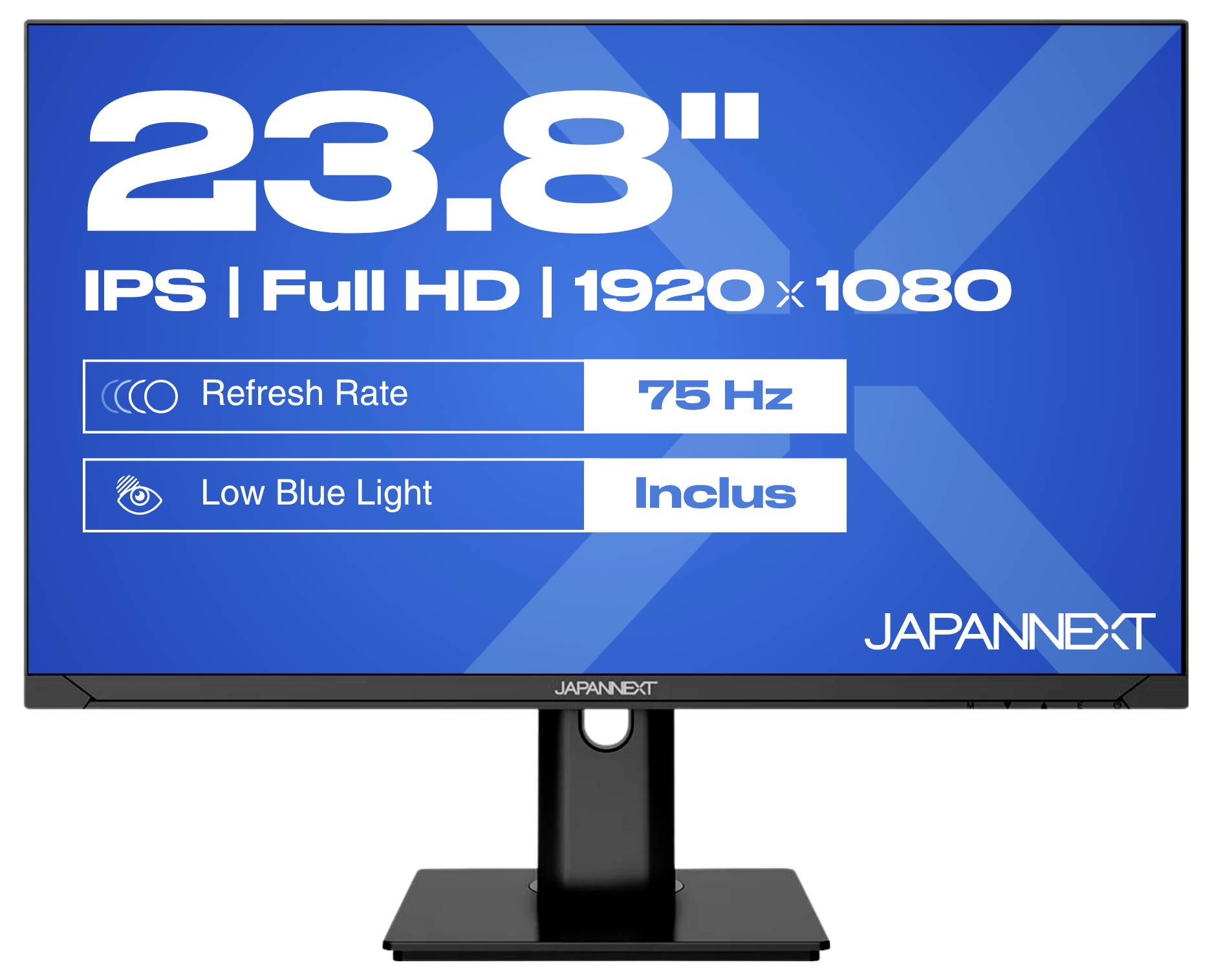 Image produit d'un moniteur JAPANNEXT 23,8 pouces IPS Full HD, affichant une résolution de 1920 x 1080, une fréquence de rafraîchissement de 75 Hz et une fonction de réduction de la lumière bleue.