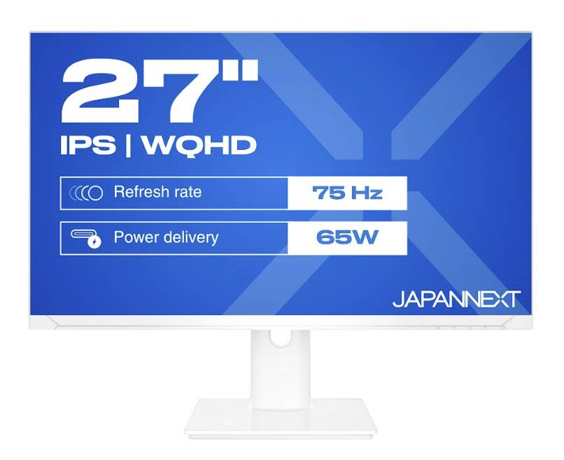 Image produit d'un moniteur JAPANNEXT 27 pouces avec affichage IPS WQHD, fréquence de rafraîchissement 75 Hz et livraison d'énergie 65W.