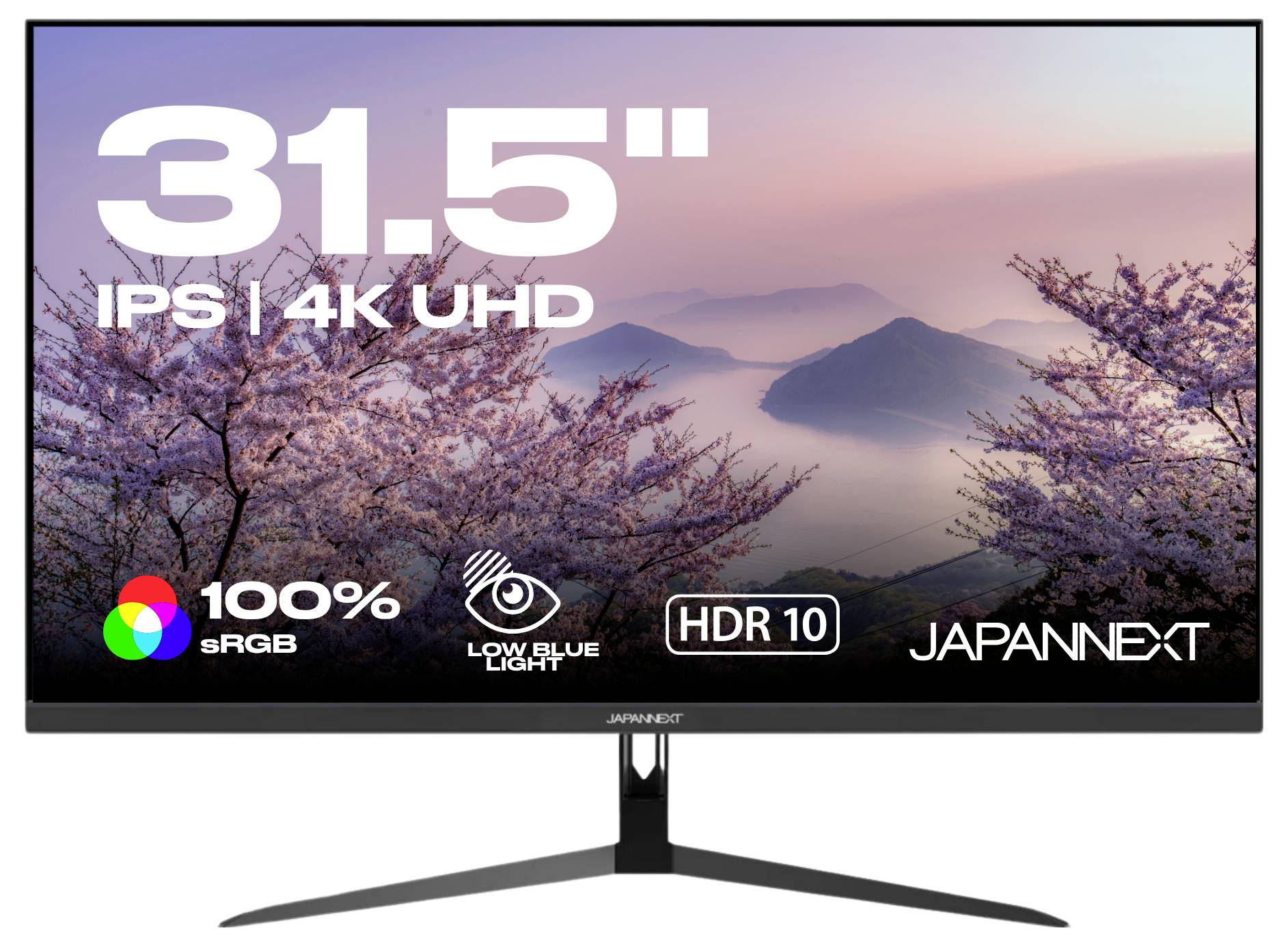 Image produit d'un moniteur JAPANNEXT affichant « 31,5" IPS 4K UHD » avec des icônes pour 100% sRGB, lumière bleue réduite, HDR10, et la marque JAPANNEXT.
