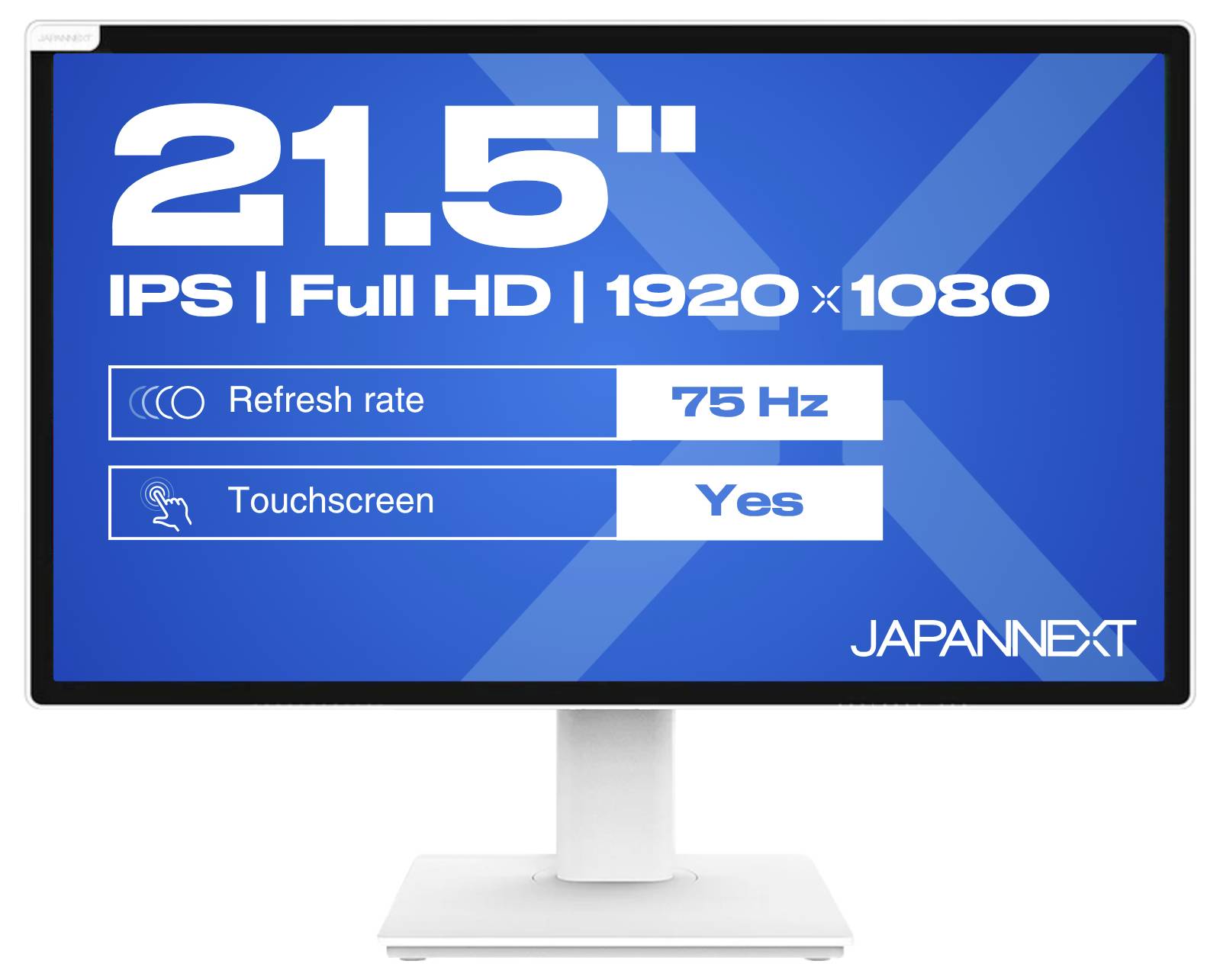 Image produit d'un moniteur JAPANNEXT 21,5 pouces avec écran IPS Full HD 1920x1080, taux de rafraîchissement 75 Hz et support écran tactile.