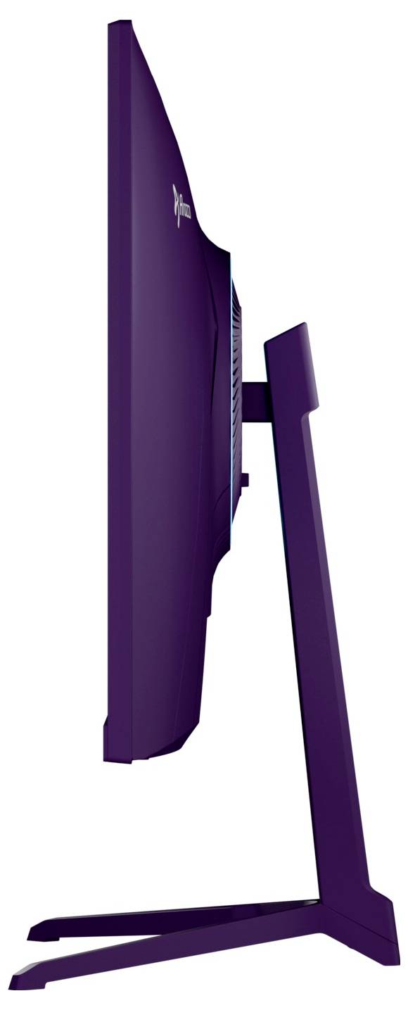 Vue latérale d'un moniteur d'ordinateur violet sur un support avec une base plate.