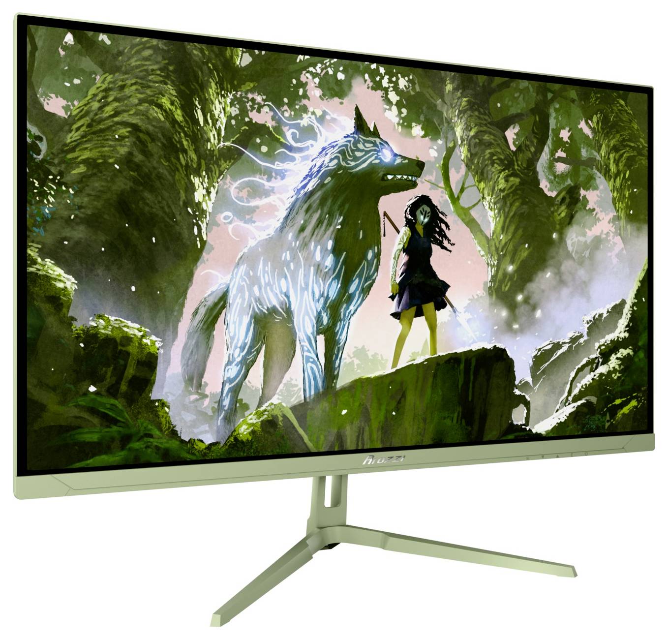 Écran large vert affichant une scène de fantasy avec un loup bleu luminescent et une fille debout dans une forêt luxuriante