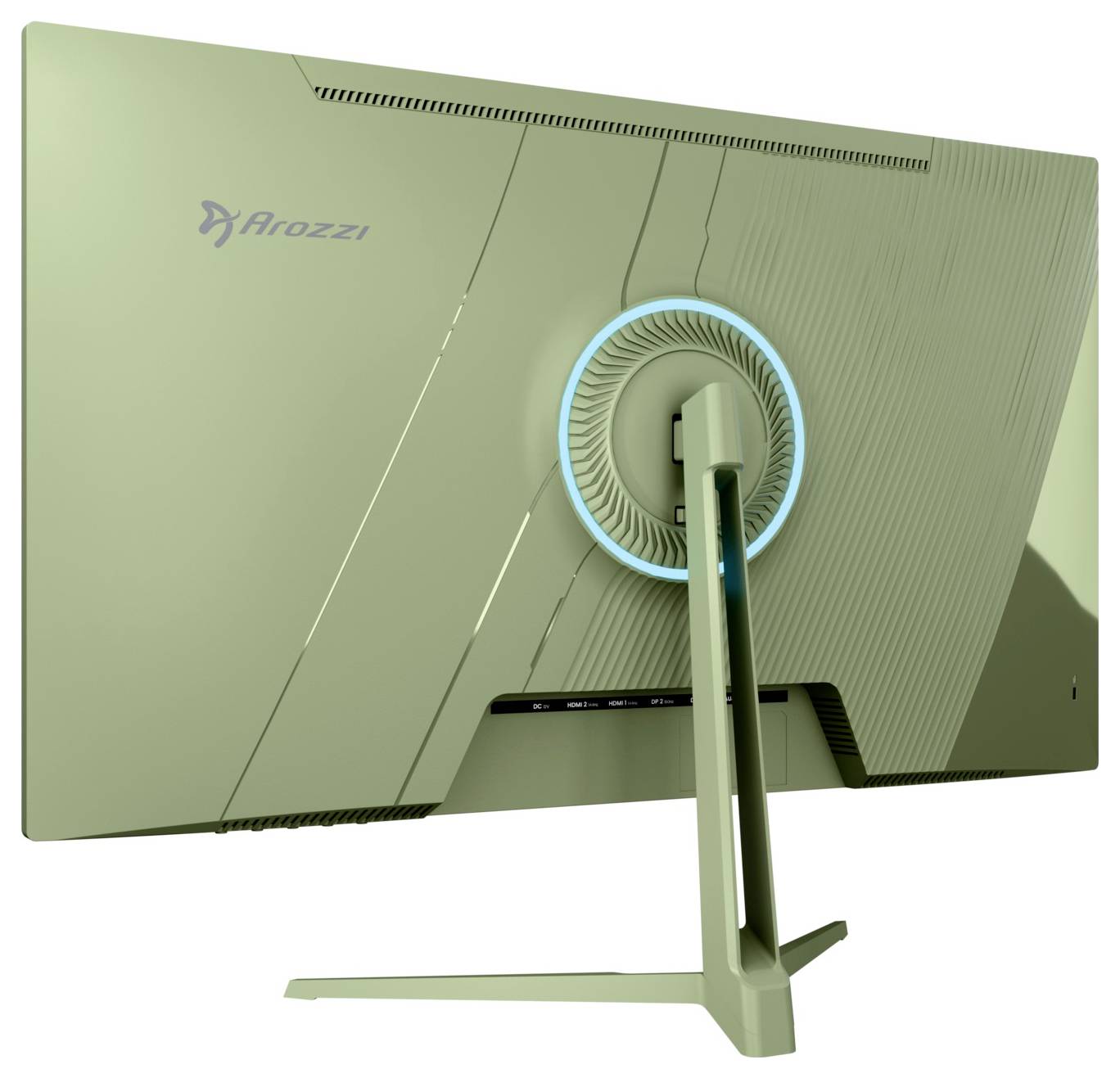 Vue arrière d'un moniteur de jeu Arozzi avec un support de montage circulaire illuminé et une base piédestal angulée fine.