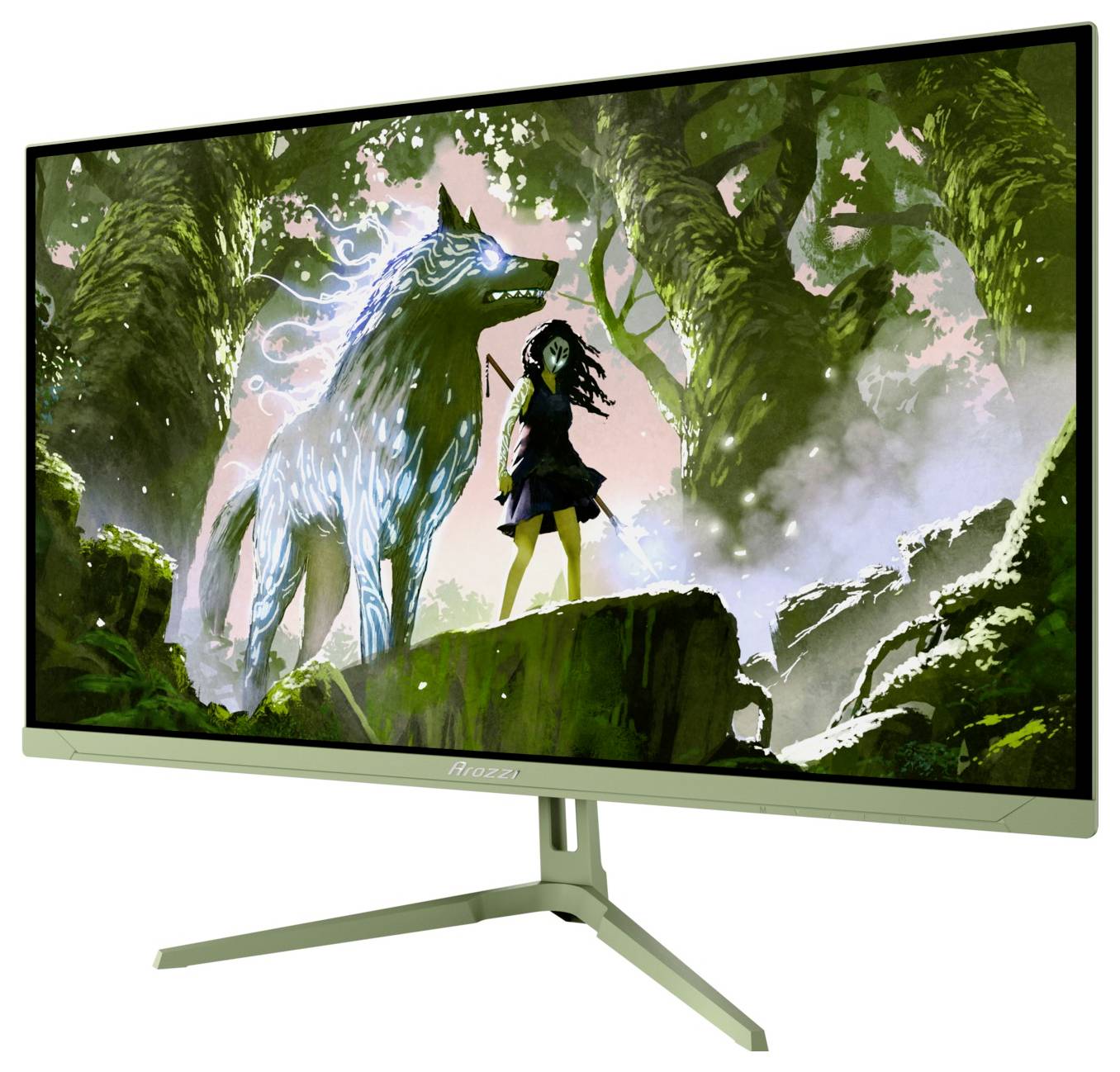 Moniteur de jeu vert sur un pied affichant une œuvre d'art fantastique d'un loup brillant à côté d'une fille dans une forêt luxuriante