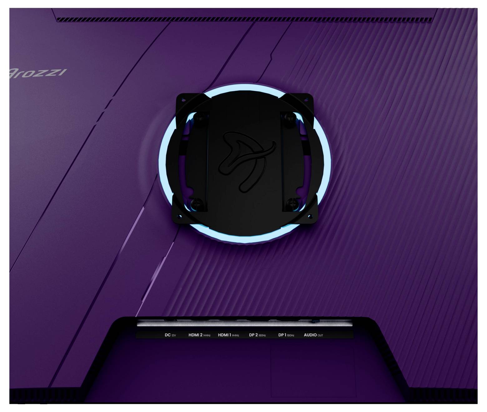 Gros plan d'un ventilateur de refroidissement informatique noir avec un anneau cyan lumineux monté sur un panneau de boîtier de style gaming violet.