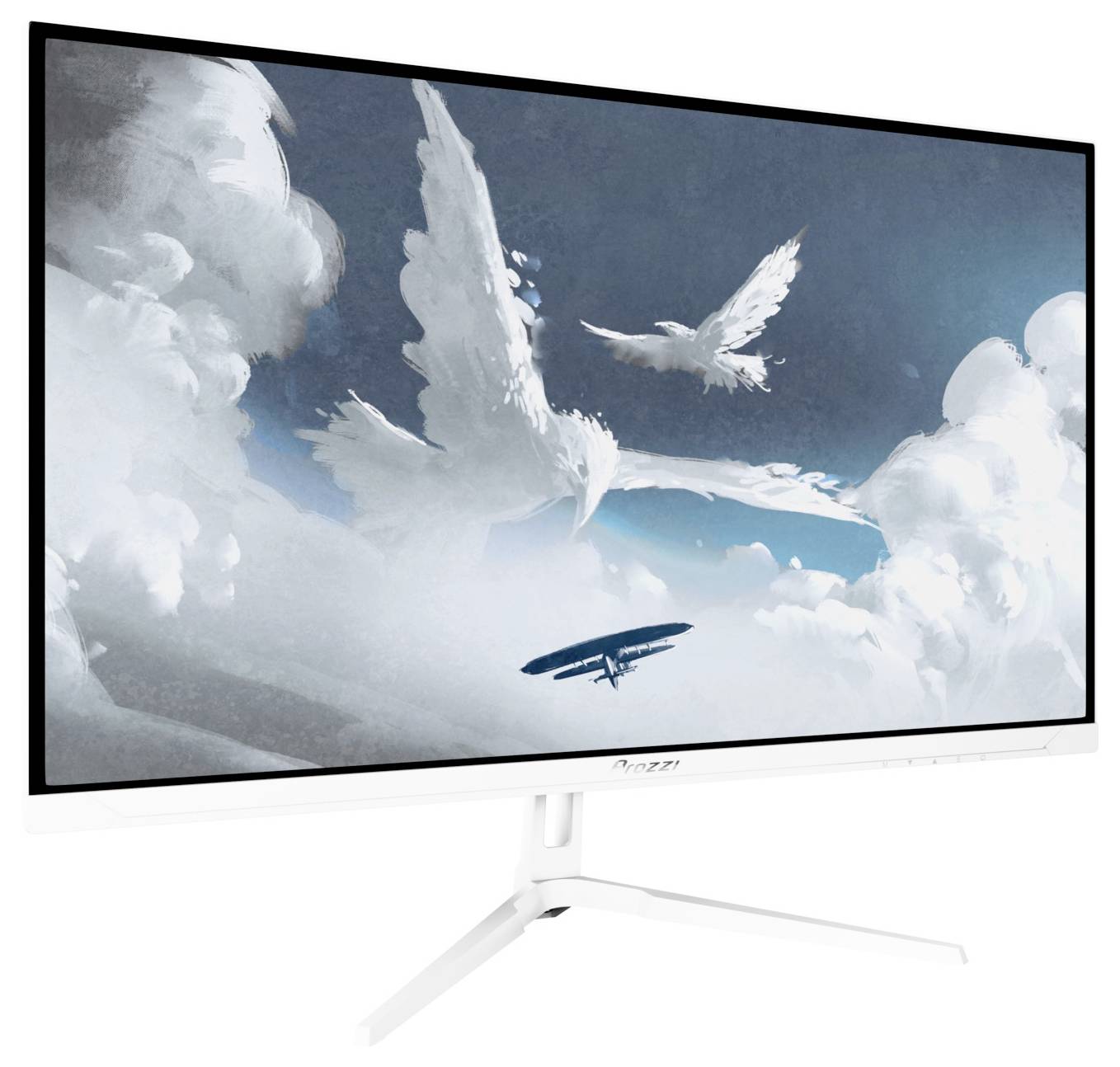 Moniteur incurvé blanc sur pied affichant une scène de ciel avec des oiseaux/nuages blancs et une petite silhouette d'avion