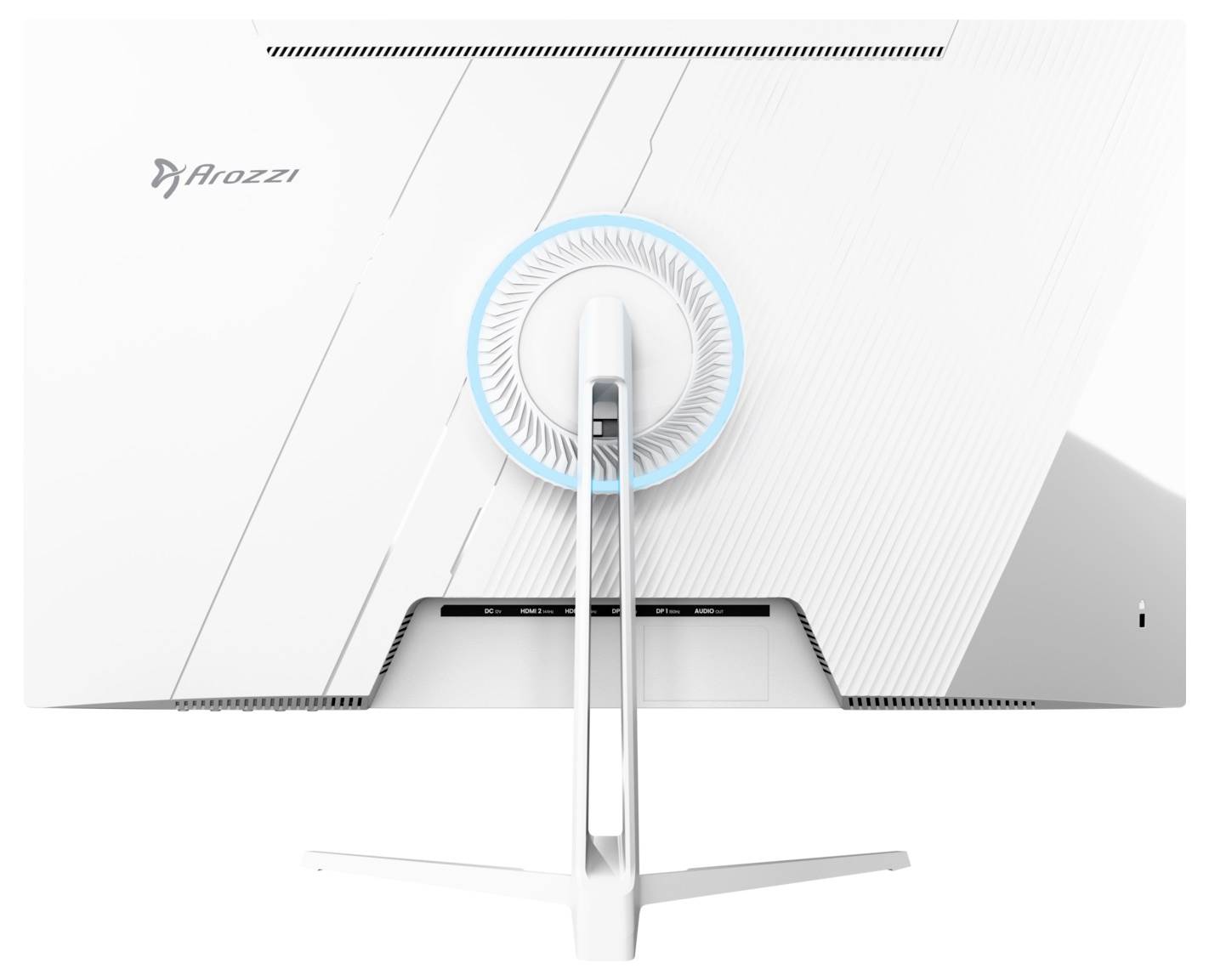 Vue arrière d'un moniteur de jeu Arozzi blanc avec un socle circulaire rétroéclairé en bleu et une base argentée réglable sur un fond blanc épuré.