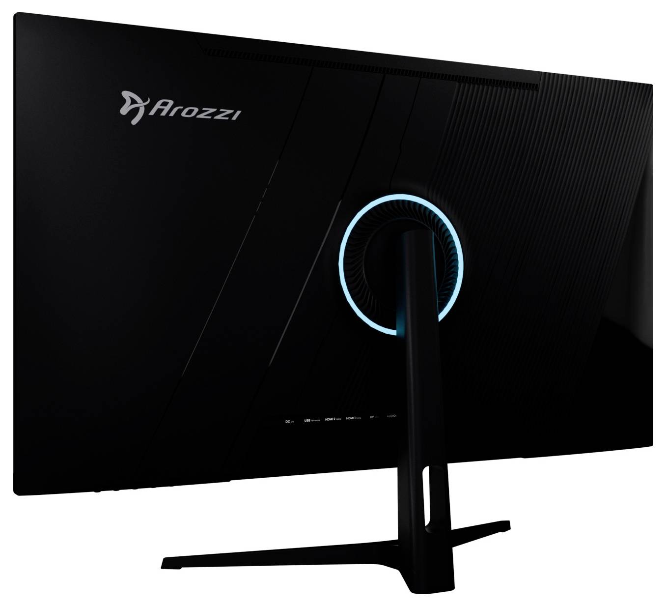 Vue arrière d'un moniteur Arozzi avec un accent circulaire bleu autour du support de montage.