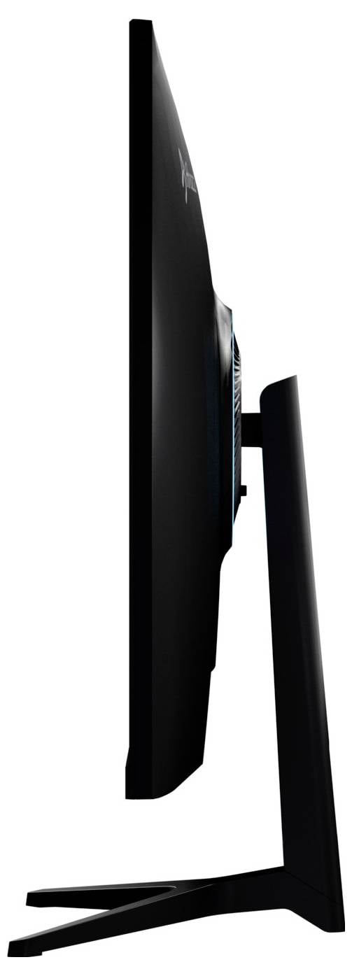 Vue latérale d'un moniteur à écran plat sur un support, montrant le profil fin de l'affichage et de la base