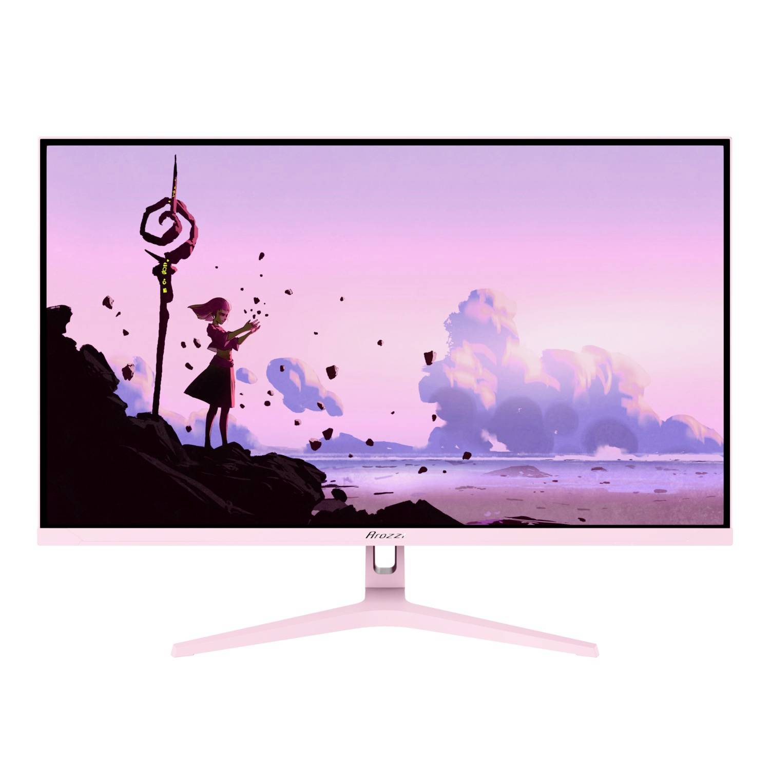 Moniteur de bureau rose affichant une scène de fantasy d'une fille sur une rive rocheuse à côté d'un bâton en spirale, avec des nuages au-dessus d'une eau calme au coucher du soleil.