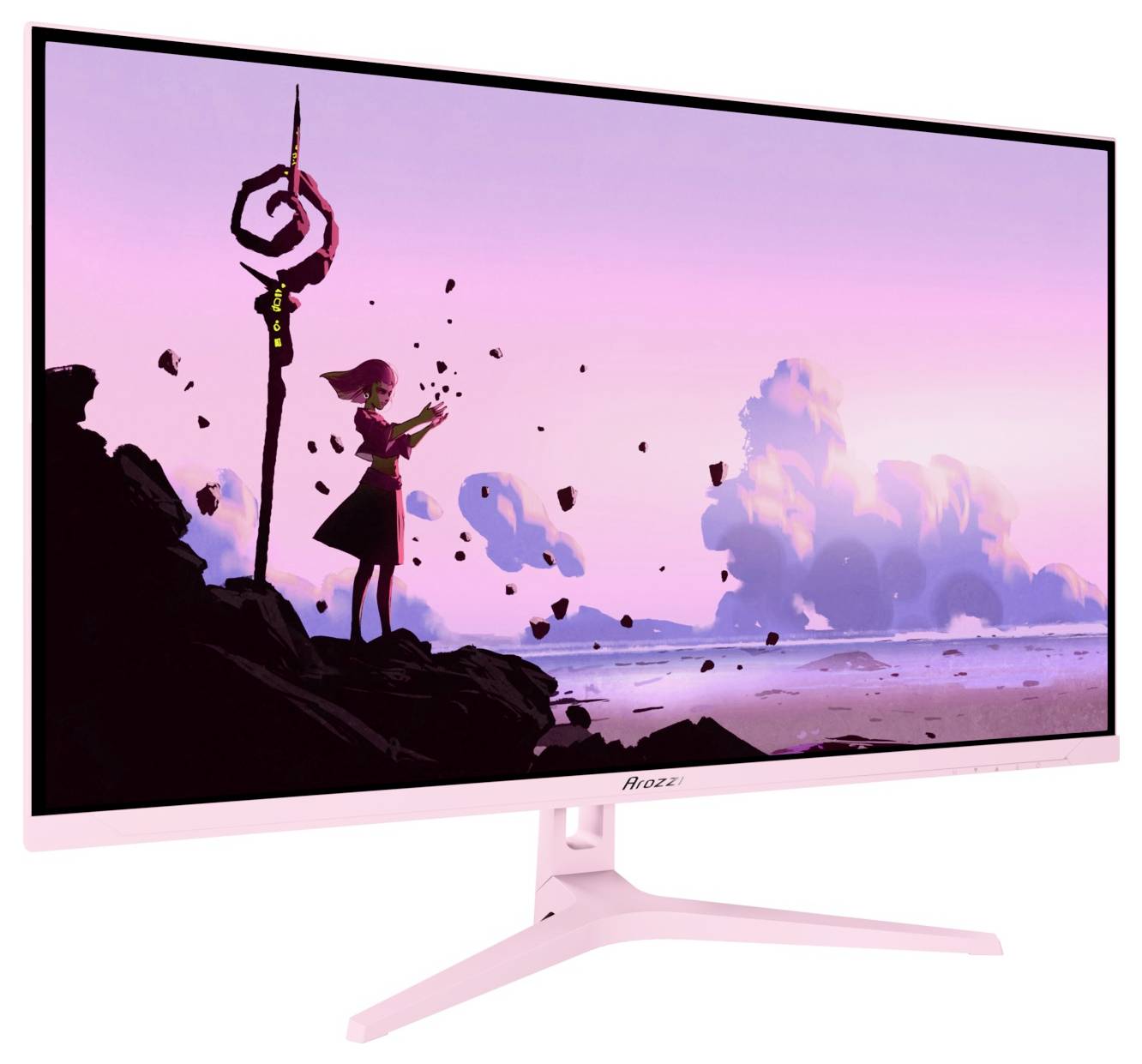 Moniteur AOC blanc affichant une scène de fantasy d'une fille sur une côte rocheuse au coucher de soleil rose, avec des débris tourbillonnants et des nuages.