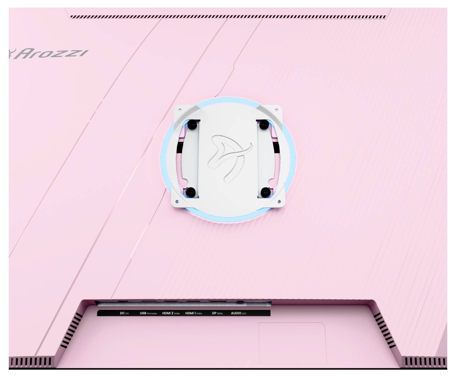 Panneau de boîtier d'ordinateur rose avec un couvercle de ventilateur de refroidissement blanc circulaire centré, montrant un support de ventilateur intégré et un petit logo.