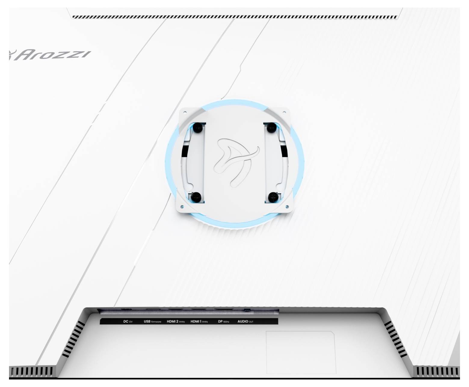 Base de chaise de jeu Arozzi blanche avec un ventilateur LED circulaire bleu clair et un panneau de commande inférieur présenté dans un gros plan de produit.