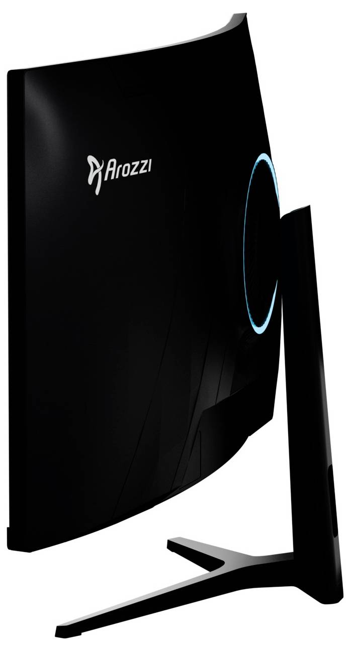 Vue latérale d'un moniteur incurvé Arozzi noir sur un support, avec un accent circulaire éclairé en bleu à l'arrière.
