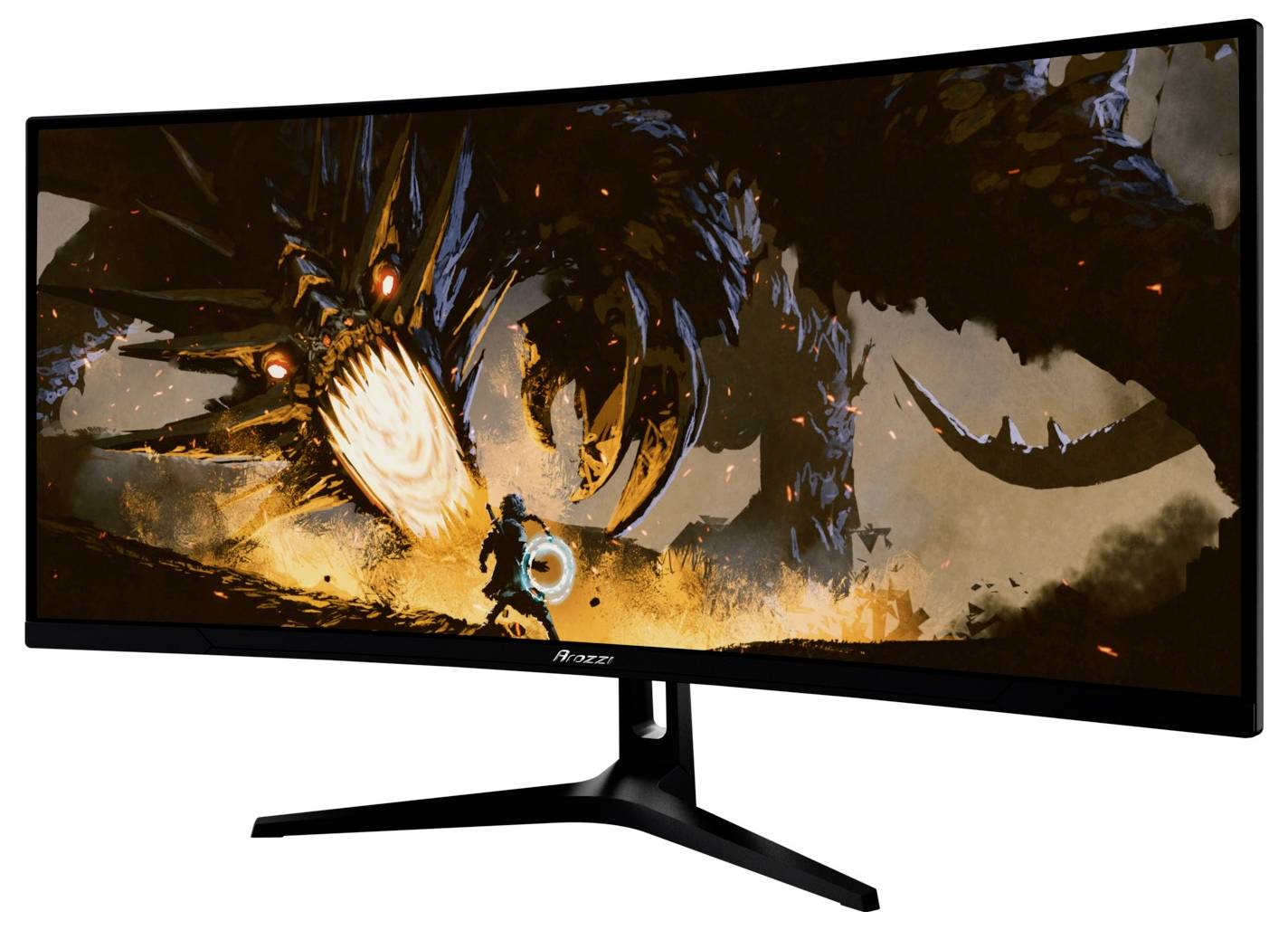 Moniteur de jeu incurvé affichant une scène de bataille fantastique avec un personnage face à un monstre géant enflammé.