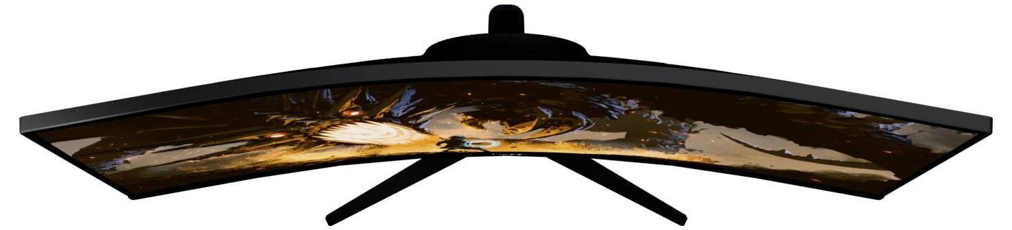 Moniteur ultra-large incurvé sur un support, affichant une scène d'action panoramique sur tout l'écran.