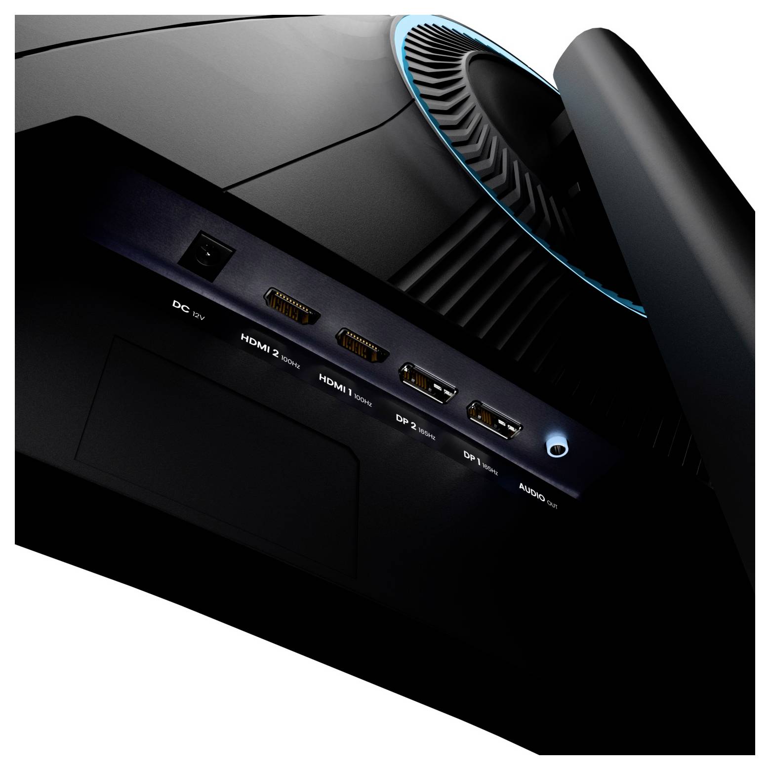 Vue arrière d'un moniteur montrant la ventilation et les ports d'entrée étiquetés CC IN, HDMI 2, HDMI 1, DP 2, DP 1 et AUDIO OUT.