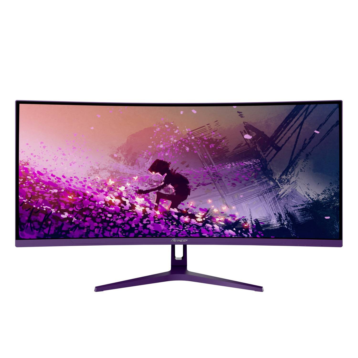 Moniteur ultrawide incurvé affichant une scène abstraite colorée avec une silhouette au milieu de particules roses et violettes