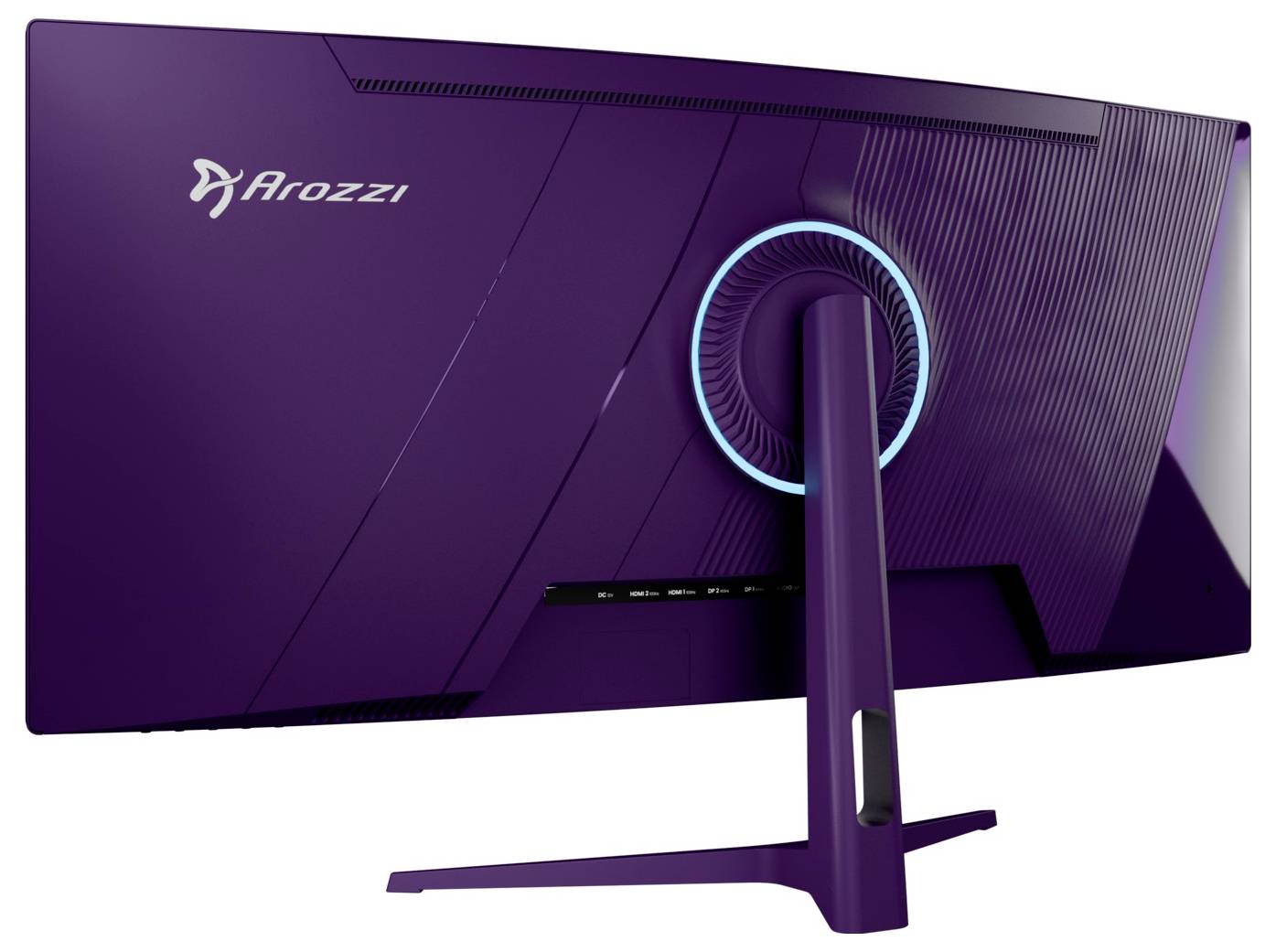 Vue arrière du moniteur d'ordinateur Arozzi violet avec un support courbé et un anneau circulaire bleu luminescent autour du montage.