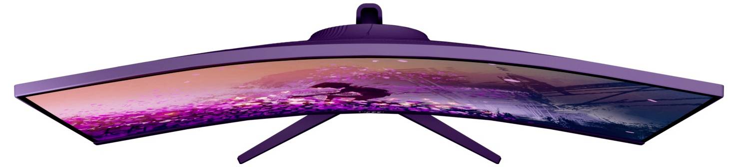 Moniteur ultrawide incurvé affichant un papier peint de style galaxie rose et violet coloré, présenté sur un support central.
