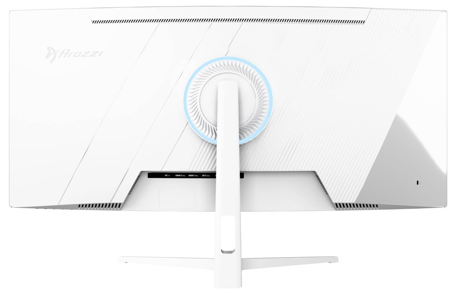 Vue arrière d'un moniteur Hattey blanc sur un support, montrant le support de montage circulaire ajustable et un panneau arrière minimaliste de conception géométrique.