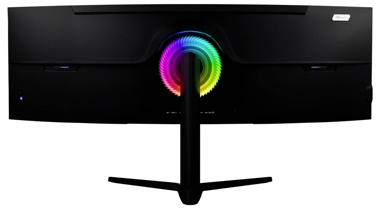 Vue arrière d'un moniteur noir incurvé avec un support central et un anneau de lumière RGB circulaire autour du montage.
