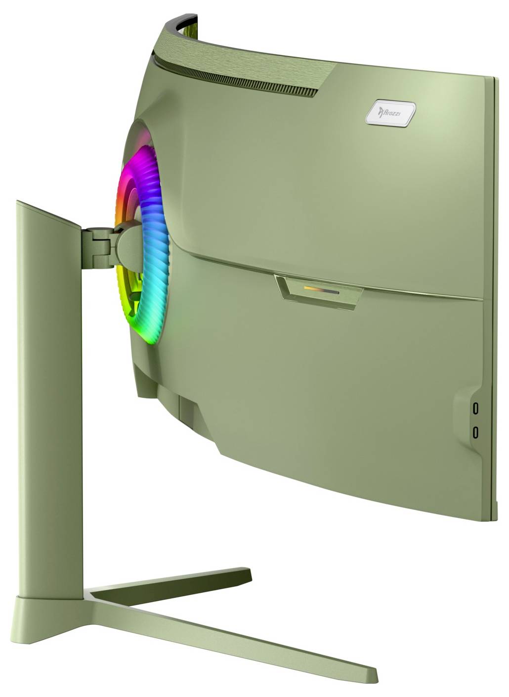 Vue arrière d'un moniteur incurvé vert sur un support, montrant un anneau arrière illuminé en arc-en-ciel autour du port de câble et un petit badge de logo.