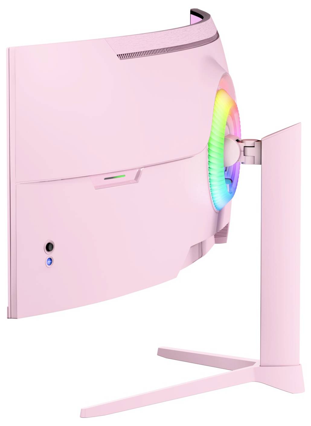 Moniteur incurvé rose avec un anneau de refroidissement arrière illuminé arc-en-ciel sur un support assorti, présenté de l'arrière/côté droit.