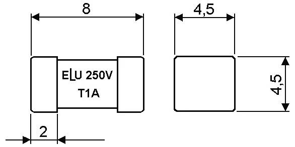 Dessin technique d'un fusible cylindrique étiqueté « ELU 250V T1A » avec des dimensions de 8 mm de long et 4,5 mm de largeur/hauteur.