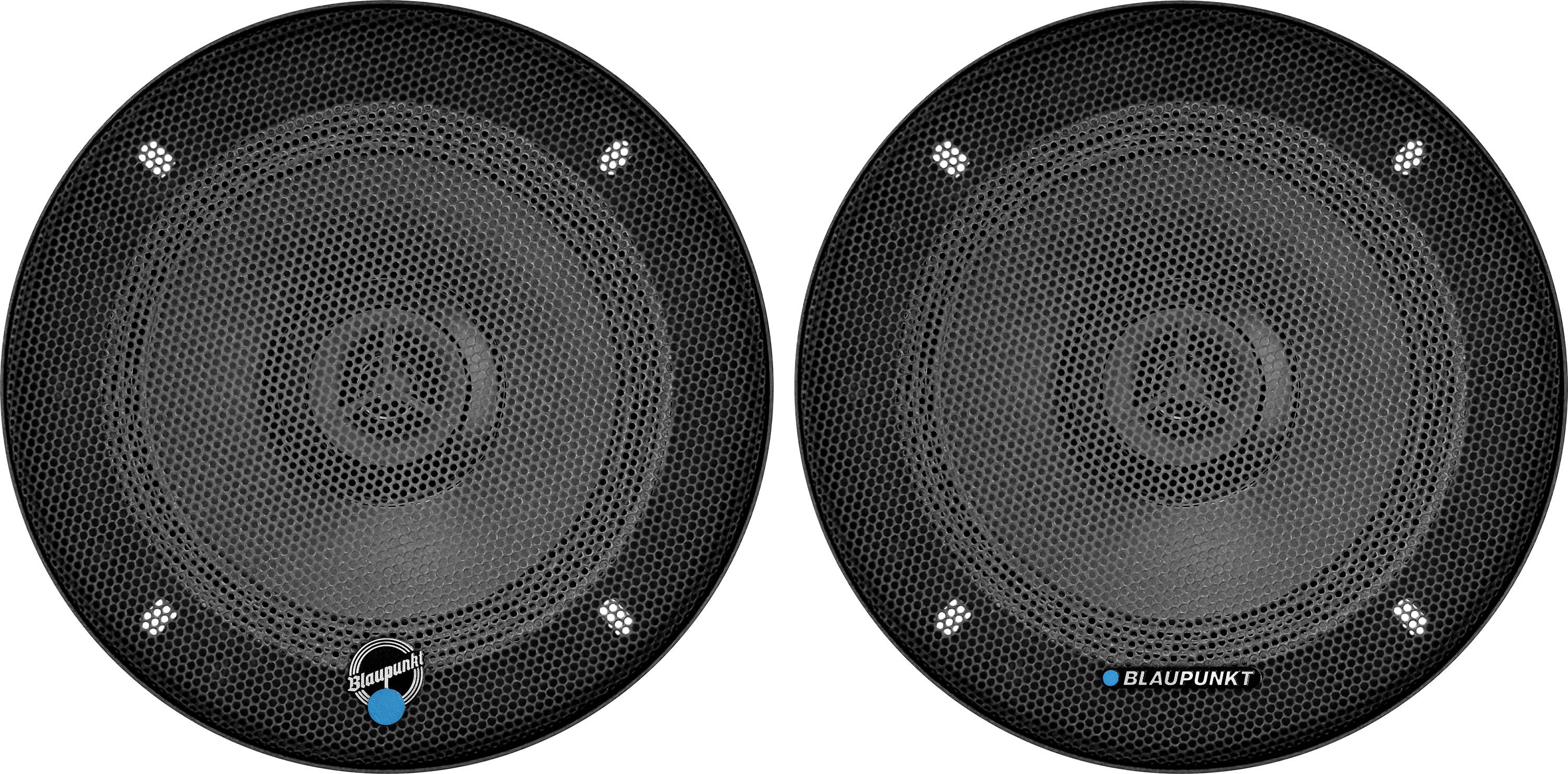 Deux grilles de haut-parleurs rondes noires affichées côte à côte, chacune avec un woofer central ; celle de gauche a une petite étiquette de suspension, et celle de droite porte la marque Blaupunkt.