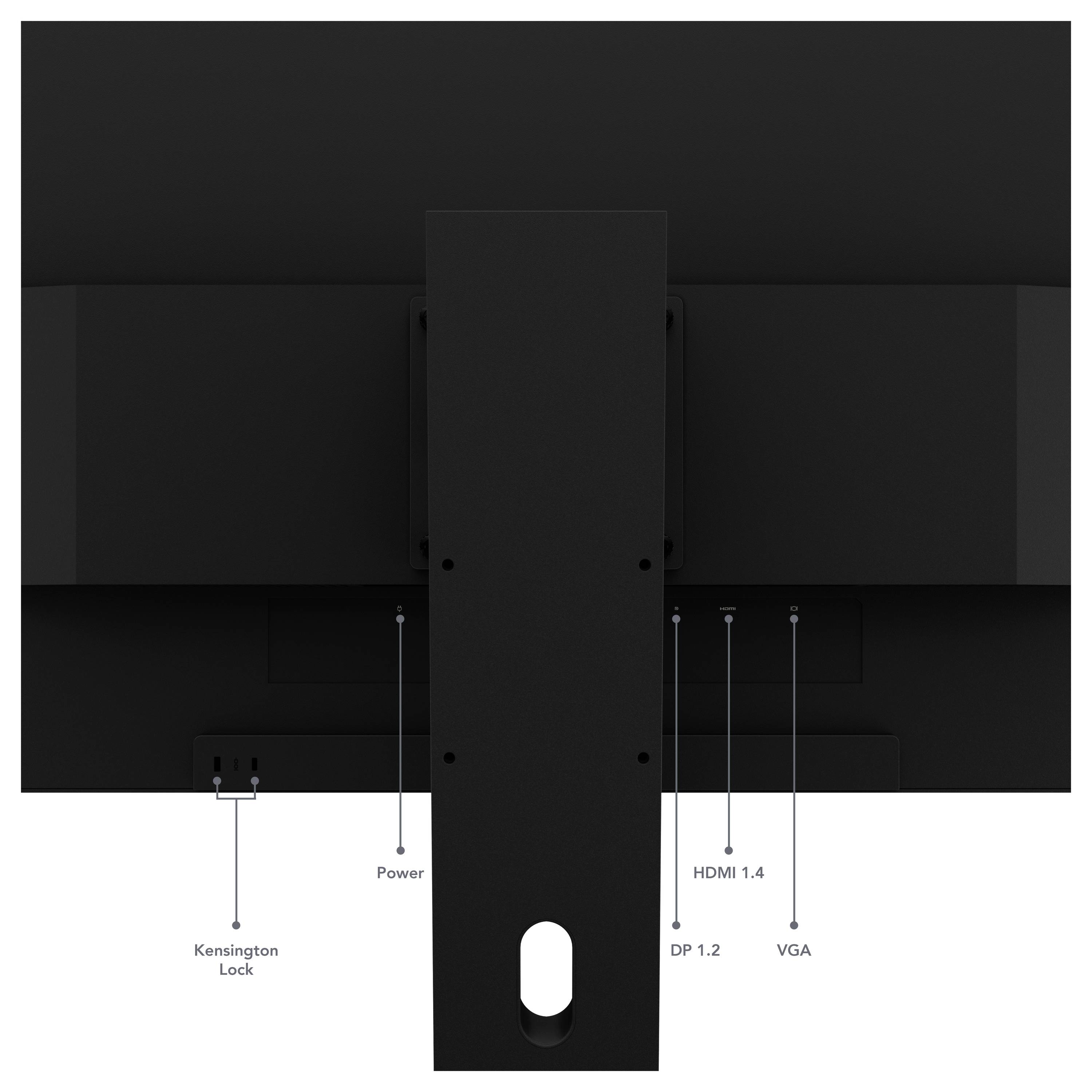 Vue arrière d'un moniteur montrant le support et les ports étiquetés : verrou Kensington, alimentation, HDMI 1.4, DP 1.2 et VGA.