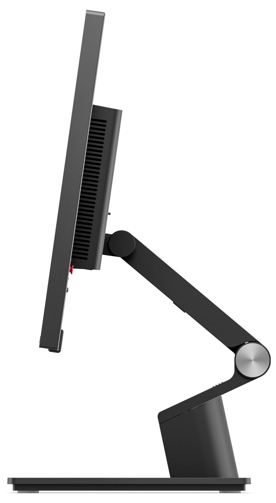 Vue latérale d'un support de moniteur de bureau noir ajustable avec un bras articulé et un écran rectangulaire sur une base.