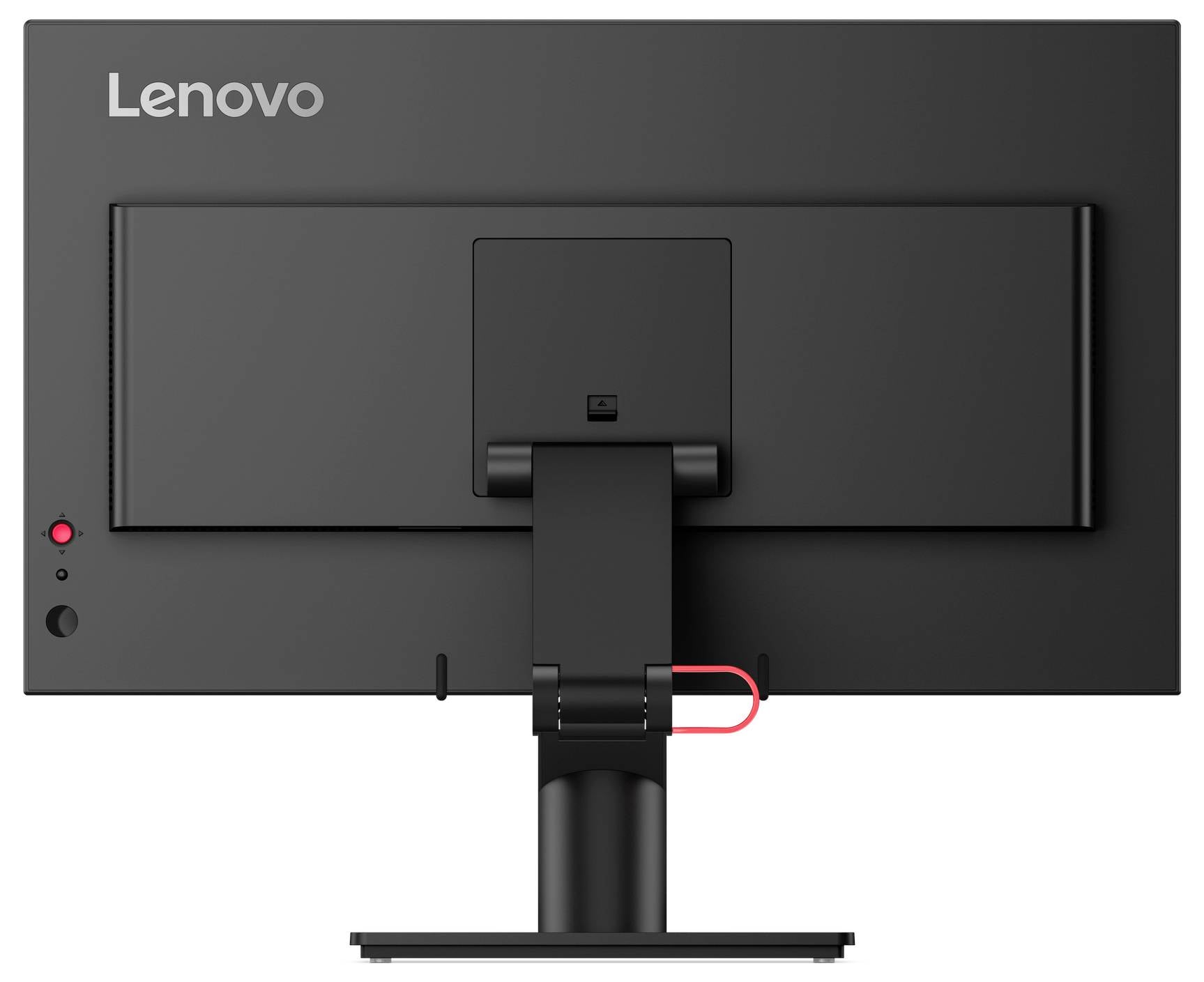 Vue arrière d'un moniteur Lenovo sur un pied, montrant le support ajustable et un clip de routage des câbles mis en évidence en bas à droite du bras.