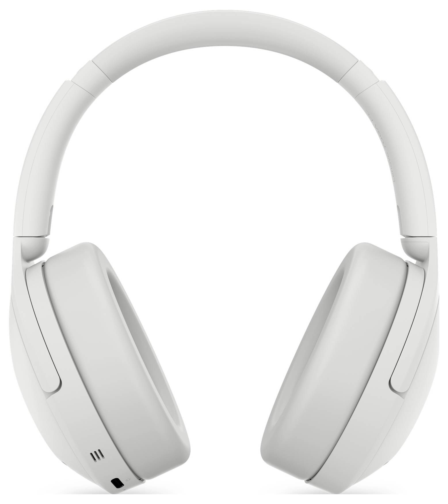 Casque audio sans fil blanc surmontal blanc sur fond blanc uni, présenté en vue de face avec coussinets rembourrés et serre-tête.