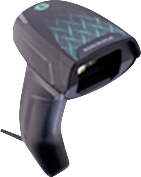 Scanner de codes-barres portable avec une poignée gâchette et une fenêtre de balayage, présenté sur fond blanc.