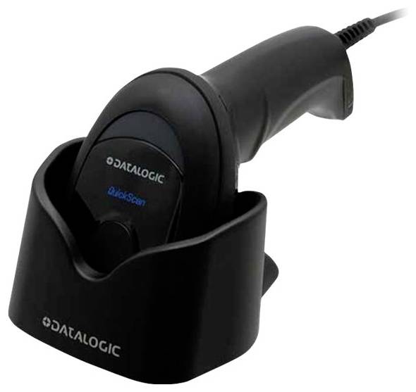 Lecteur de code-barres portatif Datalogic QuickScan noir posé dans un berceau de charge avec câble attaché.