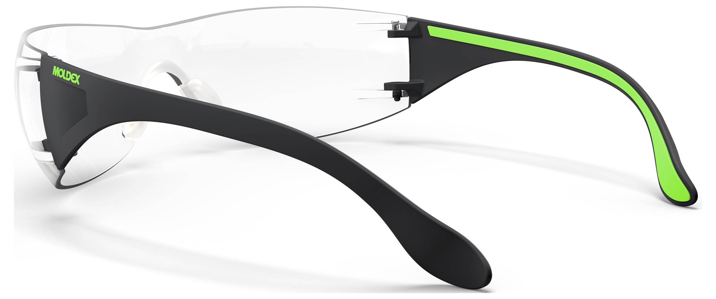 Lunettes de sécurité enveloppantes noires et vertes avec verres transparents, présentées en vue latérale sur un fond blanc.